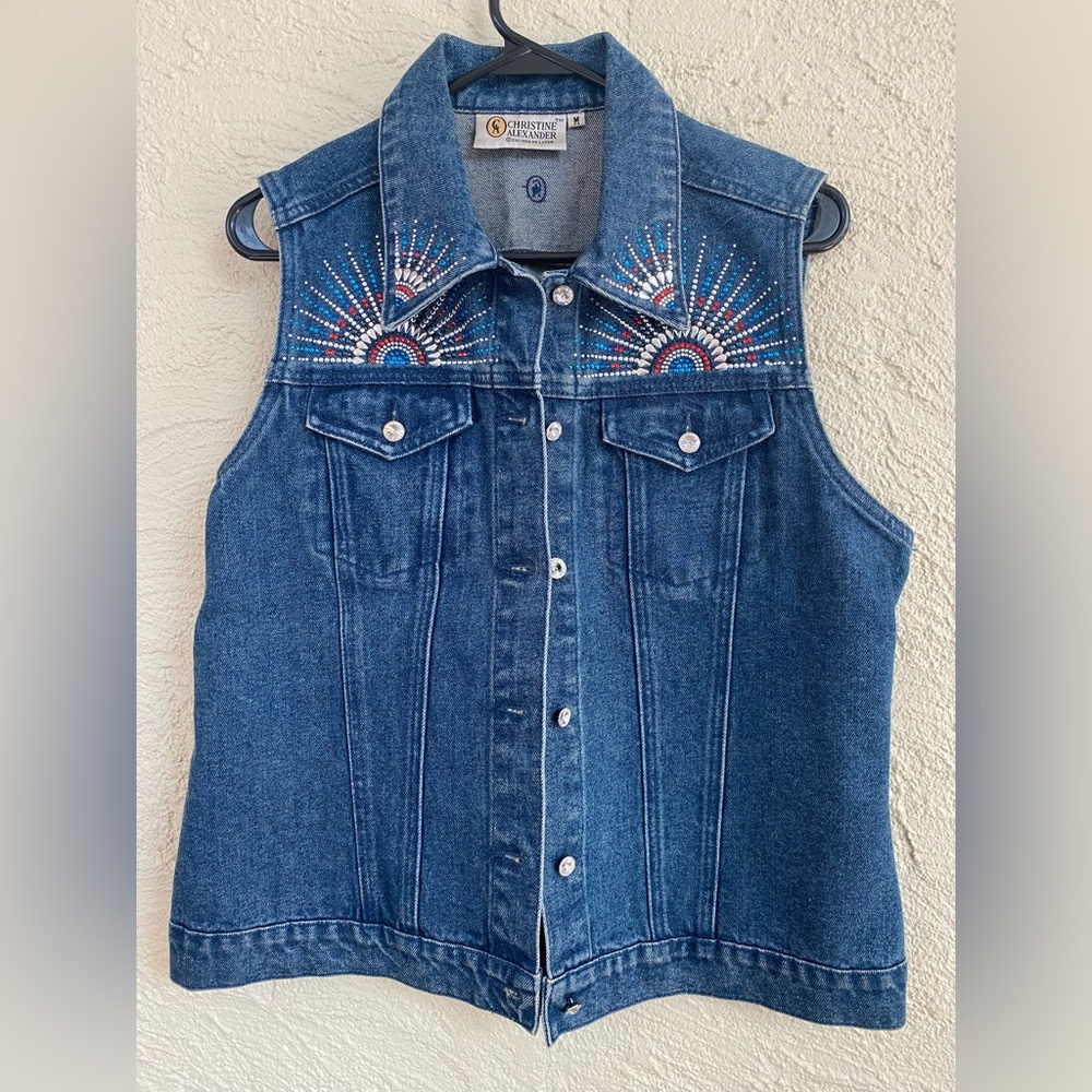 ❤️🤍💙🎆4TH OF JULY! Red Blue and Silver Bejeweled Denim Vest size Medium